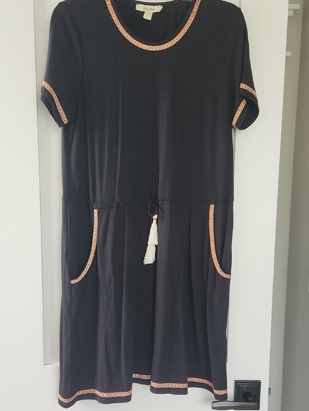 Ella Moon Black Midi Dress with Peach-Trim And Tassel drawstring Belt